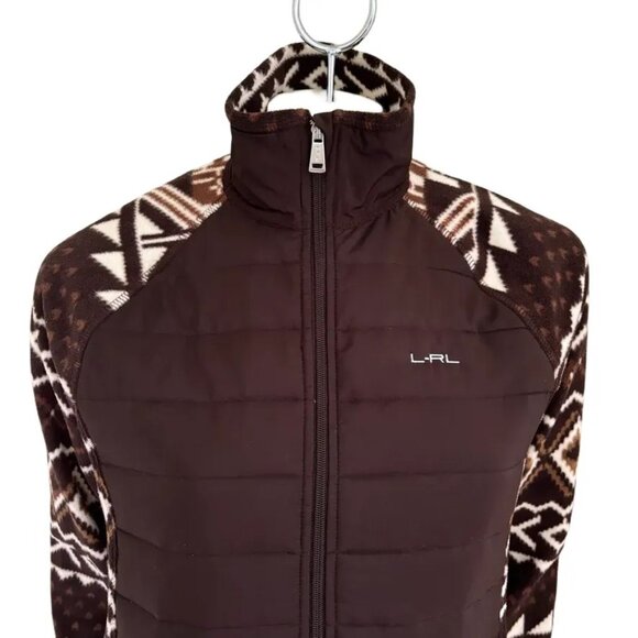 RALPH LAUREN Full Zip Quilted Fleece Tribal Print Jacket in Brown Cream SZ LP - Picture 3 of 11